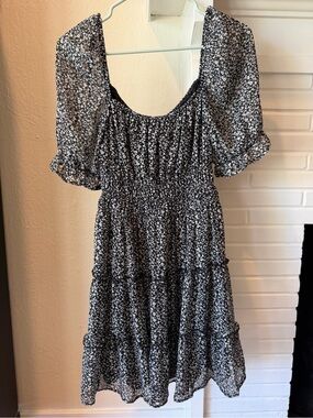 ROW A Black Floral Smocked Puff Sleeve Tiered Mini Dress Size Small